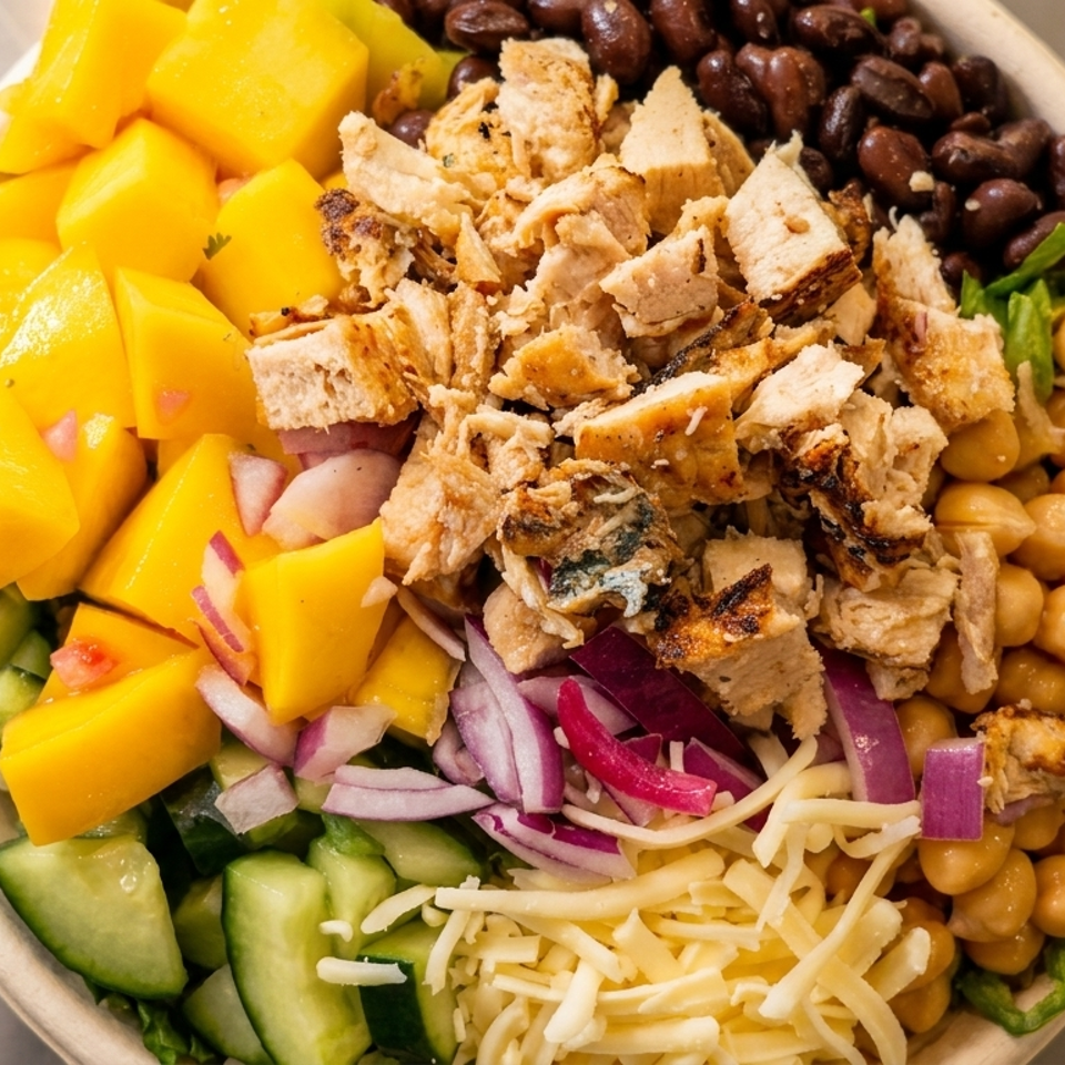Close-up of a colorful salad bowl with chicken, mango, black beans, chickpeas, and vegetables.