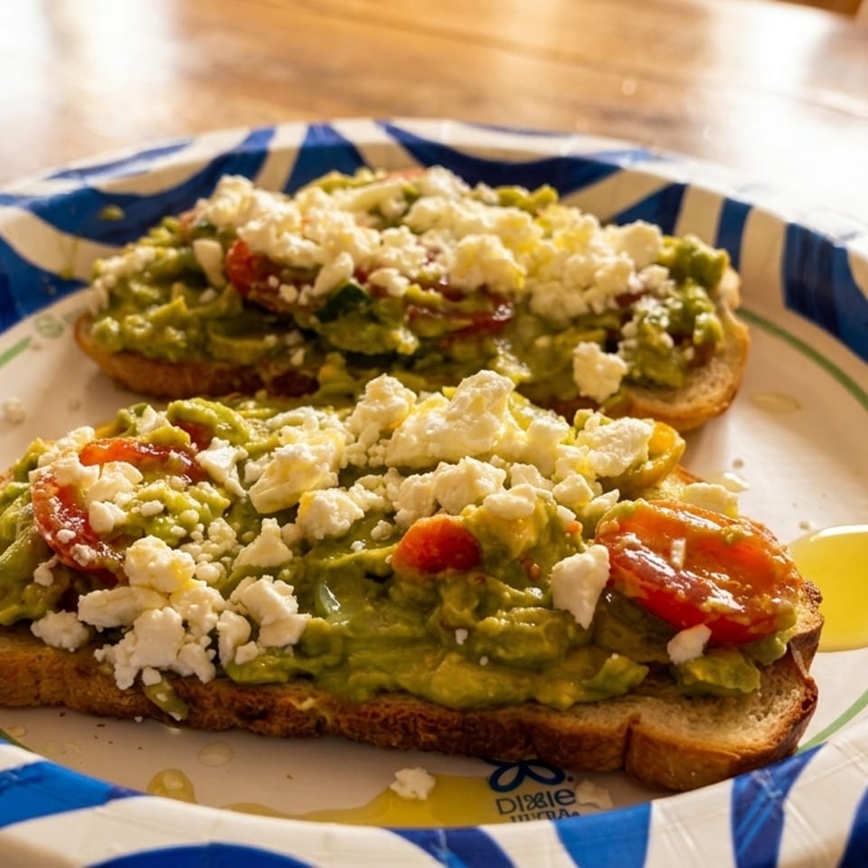 Two avocado toasts with feta cheese and cherry tomatoes on a blue and white paper plate.