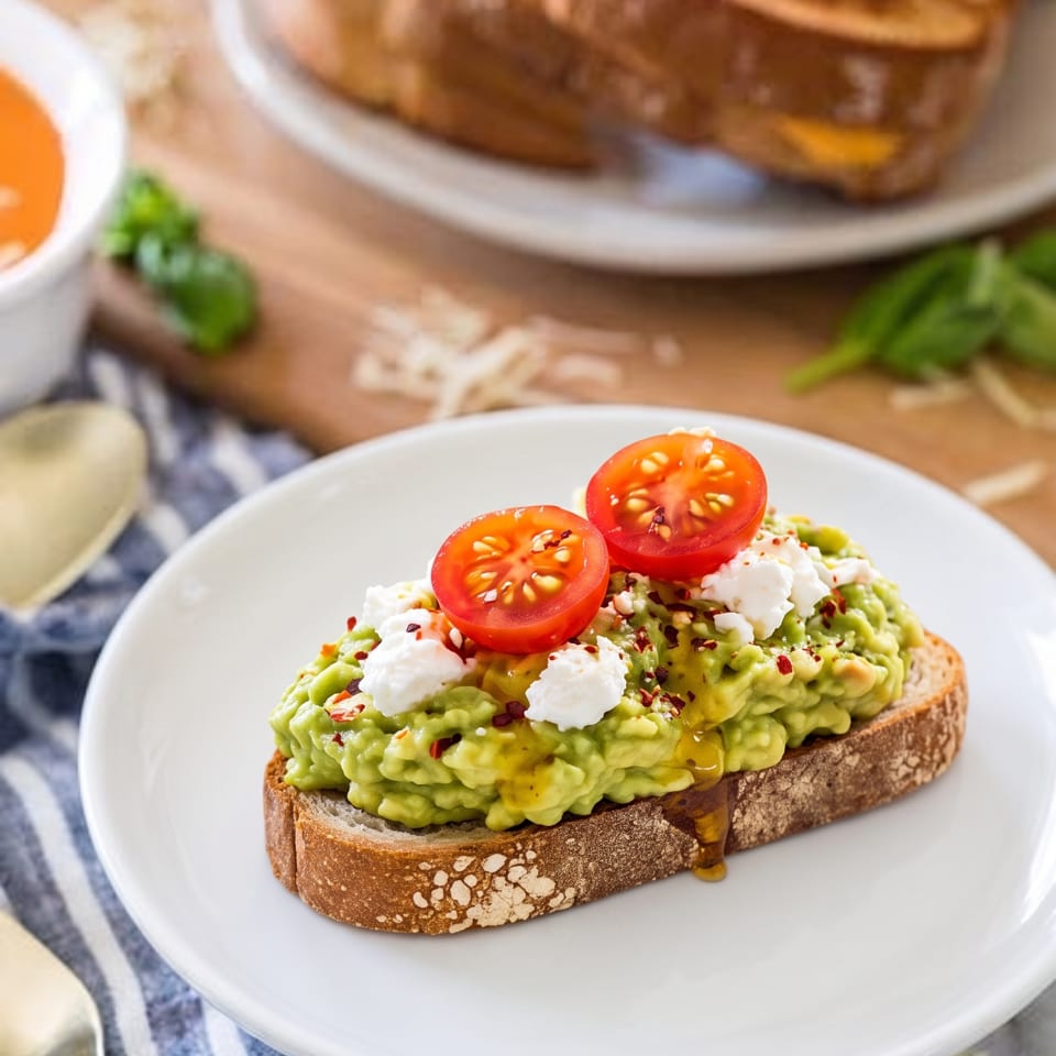 Avocado toast with cherry tomatoes, feta, and chili flakes, alongside grilled cheese and tomato soup.