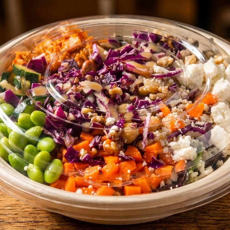 Colorful salad bowl with edamame, zucchini, red cabbage, carrots, feta, and nuts on a wooden table.