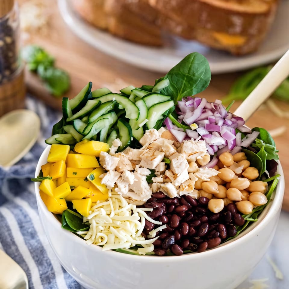 A vibrant salad with chicken, mango, beans, and cheese, next to grilled cheese sandwiches.